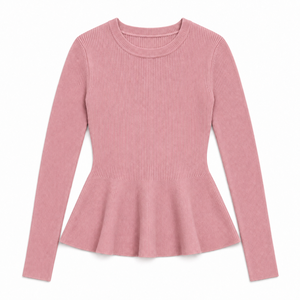 Pull côtelé à col rond en 100 % coton pour femme, manches longues, couleur unie, style décontracté, automne-hiver, OEM ODM Front - Product Image 5