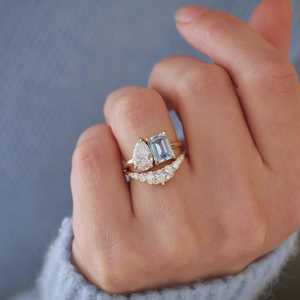 Anillo de Boda de Diamantes en Oro Sólido de 10K, 14K, 18K, Corte Pera y Redondo, Diamantes Cultivados en Laboratorio, Curvo, 6mm, Contorno, Media Eternidad, Anillo Apilable, Joyería Fina - Product Image 2