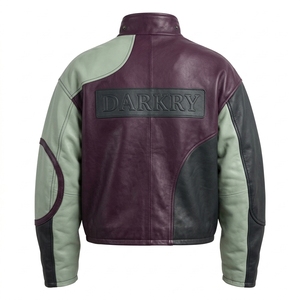Plum Green Mens Custom Leather Jacket Tricolor Stand Collar Biker Rider Coat Genuine Cowhide Streetwear Outerwear Wholesale <strong>Fact</strong> - Product Image 2