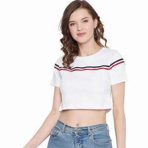 Camiseta Corta Blanca para Mujer, Cuello Redondo, Manga Corta, Tejido a Rayas, Estilo Casual, Primavera Verano, Corte Regular - Product Image 5