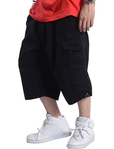 Shorts cargo pour homme, noir uni, taille mi-haute, fermeture élastique, tissu en toile respirant, style décontracté avec poches - Product Image 3