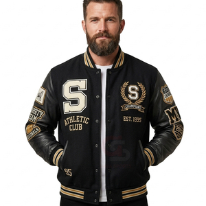 2026 Wholesale Custom Out Wear Embroidery Mens <b>Bomber</b> Varsity <b>Jackets</b> Color Blocking Button Up <b>Vintage</b> baseball Varsity <b>Jackets</b> - Product Image 5