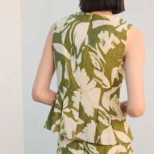 Womens Floral Peplum Tank Top Boat Neck Sleeveless Olive Green Cotton Linen <b>Summer</b> <b>Blouse</b> Apparel Manufacturer - Product Image 3