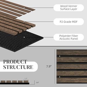 Set di 4 Pannelli Acustici in Legno di Noce 95x8 Pollici, Pannelli Fonoassorbenti a Doghe per Decorazione d'Interni, Dimensioni 60x120cm - Product Image 5
