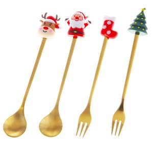 Lot de 4 couverts de Noël en acier inoxydable doré, avec poignées mignonnes en forme de renne, Père Noël, sapin et botte, cuillères et fourchettes festives pour les fêtes - Product Image 1