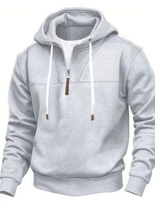 Sweat-shirt à capuche gris uni en polyester pour homme, avec fermeture éclair frontale, cordon de serrage, manches longues, décontracté, pour l'automne - Product Image 1
