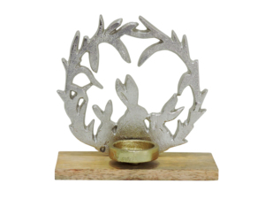 Modern Embroidered Silver Aluminium <b>Easter</b> Bunny and Antler Wreath Candle Holder with Gold <b>Cup</b> and Wooden Base - Product Image 3