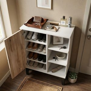 Meuble à chaussures en bois avec porte et étagères ouvertes, armoire de rangement à 4 niveaux pour entrée, salon et chambre, bois d'ingénierie - Product Image 3