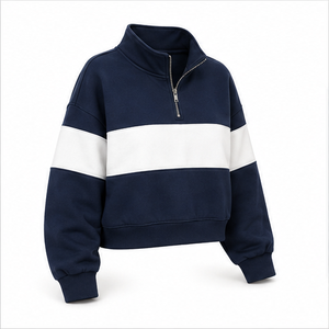 Sudadera Corta Clásica para Mujer, Color Azul Medianoche, Personalizable, con Cierre de Media Cremallera, Dobladillo de Canalé Suave, Mezcla de Algodón - Product Image 3