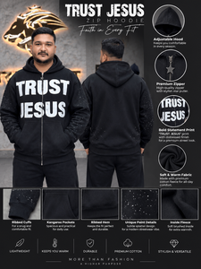 เสื้อฮู้ดซิปผู้ชายสีดำ พิมพ์ลาย Trust Jesus ทรงโอเวอร์ไซส์ สไตล์ลำลองสำหรับฤดูใบไม้ร่วง ผ้าฝ้าย 100% เฟรนช์เทอร์รี่ - Product Image 3