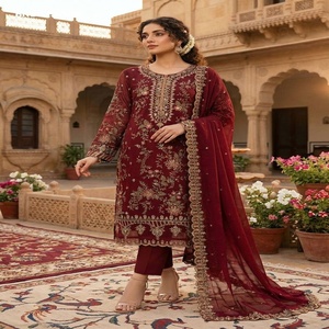 Proveedor de la colección de trajes-pantalón y dupatta de chifón indio de calidad de exportación con bordado de lentejuelas y trabajo de Khatli en el cuello, de Surat. - Product Image 1