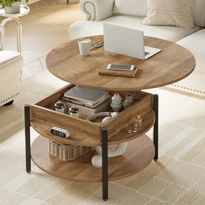 Modern <b>Round</b> Wood <b>Coffee</b> <b>Table</b> With Storage Drawer And Metal Frame For Living Room Furniture - Product Image 3