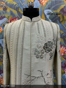 Sherwani Premium para Hombre, Base de Seda, Tradicional, Largo hasta la Rodilla, Diseño Floral Asimétrico, Sin Arrugas, Cuello Mandarín, para Bodas y Fiestas - Product Image 5