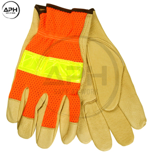 Nouveauté : Gants de travail haute visibilité à doigts complets en cuir véritable avec bande réfléchissante et logo personnalisé, en tissu mesh orange - Product Image 5