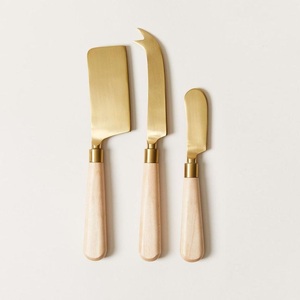 Gold Stainless Steel Cream <b>Wooden</b> Design Handle Cheese Tools <b>Set</b> Cute Cheese Spreader <b>Set</b> Unique Western Style Cheese Spreader - Product Image 2