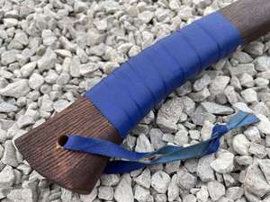 Hand forged steel tomahawk Custom engraved blade design Survival hatchet with wood <b>handle</b> Blue wrap outdoor <b>axe</b> - Product Image 3