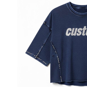 Premium Heavyweight Cotton Navy Blue Acid Wash Crop Top | Custom Rhinestone Logo <b>Studded</b> Seam Streetwear T-shirt - Product Image 3