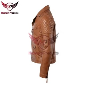 Blouson en cuir véritable marron pour homme, style motard asymétrique, en cuir de vachette matelassé, avec revers et poches zippées, personnalisé, chaud pour l'hiver - Product Image 3