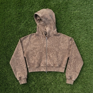 Sweat-shirt à capuche en molleton pour femme, marron délavé, coupe courte, avec fermeture éclair, logo personnalisé, streetwear - Product Image 5