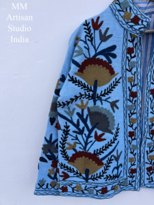 Chaqueta de Algodón Suzani Azul Claro de Lujo Hecha a Mano, Estilo Kimono Casual con Frente Abierto, Cardigan, Abrigo Artístico - Product Image 3