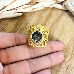 Latest Design Boho Gemstone <b>Ring</b> Vintage Brass <b>Rings</b> Women 18k Gold Plated Filigree Wide Band <b>Statement</b> for Wholesale/OEM/ODM - Product Image 5