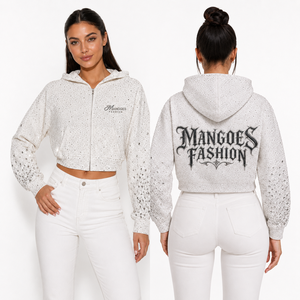 Ensemble deux pièces streetwear hiver uni en molleton de coton brossé doux lavé avec strass, comprenant un sweat à capuche zippé et un short - Product Image 5