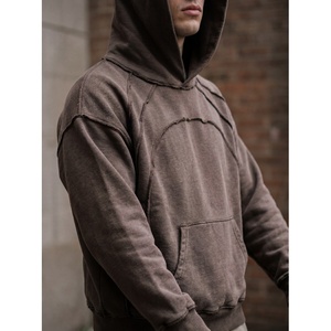 Custom <b>Men</b> Oversized Brown Hoodie Faded Acid Wash Look Exposed Stitching Seam Detail Raglan Sleeve Heavyweight Fleece <b>Pullover</b> - Product Image 1