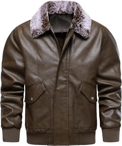 Men Brown PU Leather Nonwoven Bomber <b>Jacket</b> with Fur Collar Zipper Front Windproof Autumn Moto <b>Biker</b> Style - Product Image 3