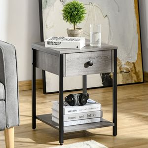 Tavolino Laterale Industriale Grigio con Ripiano e Cassetto per Soggiorno o Camera da Letto - Product Image 2