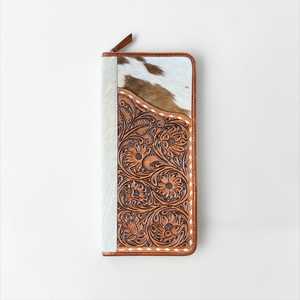 Étui à bijoux en cuir véritable personnalisé, fait main, avec gaufrage floral coloré, fermeture éclair, rangement durable - Product Image 1