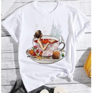 เสื้อยืดลำลองผู้หญิงสีขาว พิมพ์ลายสไตล์กาแฟ ผ้าฝ้าย 100% แขนสั้น เสื้อฤดูร้อน - Product Image 6