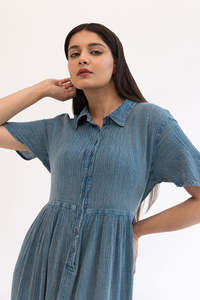 Light Blue Linen Cotton Shirt <b>Dress</b> Maxi Length Short Sleeve Button Front <b>Ruffle</b> Hem Loose Fit Casual Summer Wear Solid Color - Product Image 2