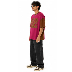 <b>Men's</b> Oversized T-<b>Shirt</b> Red Brown Color Blocked Embossed Good Vibes Letter Print Short Sleeve O-Neck Casual Knitted Style - Product Image 5