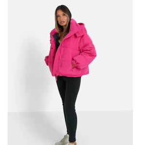 Pink Hooded Puffer Jacket Unisex <b>Winter</b> <b>Coat</b> <b>Thick</b> Insulated Eco-friendly Cotton Filled Casual Wear Zipper Closure Solid Color - Product Image 6