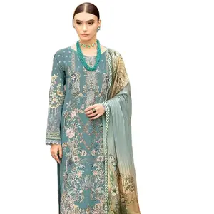 巴基斯坦热卖3件连衣裙未缝合连衣裙草坪面料女士夏装套装新品系列