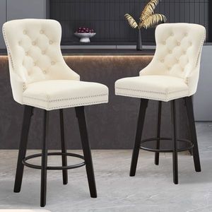 Modern Velvet Bar Stools with Swivel Design Button Tufted and Rivet Trim for Kitchen Island or Bistro Metal - Product Image 6