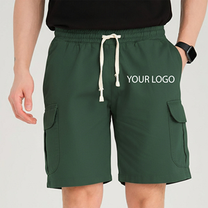 Men's Green Cargo Shorts 100% Cotton Solid Color Front Elastic Waist Casual Breathable Eco-Friendly Pocket Design Mid Rise - Product Image 1