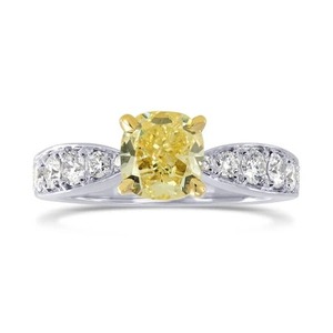 Fancy Yellow <b>Cushion</b> Cut Diamond 14K White Gold Diamond Ring With Pave Side Diamonds Women's Jewelry - Product Image 1