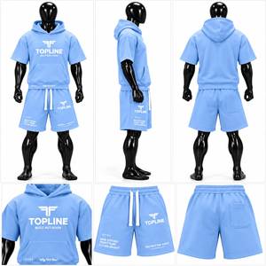 ชุดเซ็ตเสื้อฮู้ดและกางเกงขาสั้นผู้ชายสีฟ้าอ่อน ผ้าฝ้ายถัก สวมใส่สบายๆ สำหรับฤดูร้อน ระบายอากาศได้ดี สไตล์สตรีทแวร์ - Product Image 4