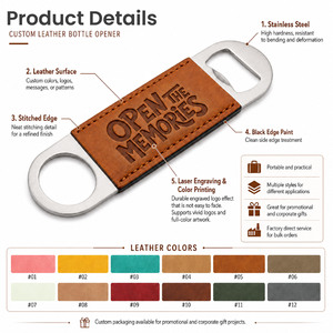 Ouvre-bouteilles double extrémité en acier inoxydable avec poignée en cuir PU, outils de bar pour hôtels et restaurants - Product Image 3