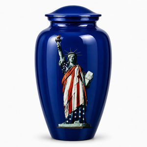 Estatua de la Libertad de Lujo con Adhesivo Conmemorativo y Urna de Cremación Azul Esmaltada para Cenizas Humanas - Product Image 1