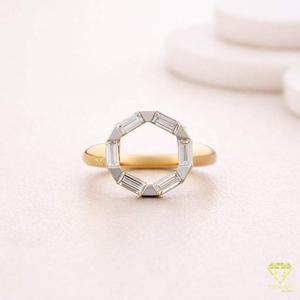 Bague géométrique ronde en diamant de laboratoire en argent sterling 925, coupe baguette minimaliste, bijou raffiné - Product Image 1