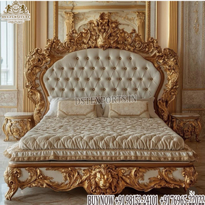 เตียงไม้เนื้อแข็งแบบราชวงศ์ พร้อมการตกแต่งสีทองเมทัลลิก แกะสลักอย่างประณีต พร้อมเตียงหุ้มเบาะและโต๊ะข้างเตียง เฟอร์นิเจอร์ห้องนอนหรูหราสั่งทำพิเศษจากสหราชอาณาจักร - Product Image 2
