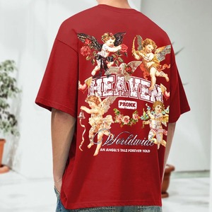 เสื้อยืดโอเวอร์ไซส์สีแดงพิมพ์ลาย Heaven สำหรับผู้ชาย แขนสั้น คอกลม ผ้าคอตตอนเจอร์ซีย์ สไตล์สตรีทแวร์ - Product Image 3