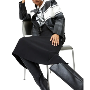 Women's Black and <b>White</b> Color-Block Leather Moto <b>Jacket</b> - Product Image 1