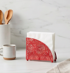 Porte-serviettes en métal rouge avec motif floral découpé, boîte à mouchoirs autoportante pour la décoration de table et l'utilisation en cuisine - Product Image 3