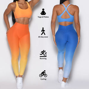 Ensemble de yoga 2 pièces pour femme : Crop top orange à bretelles croisées et leggings taille haute longueur cheville, sans couture, avec cordon de serrage, en Spandex et Polyester - Product Image 2
