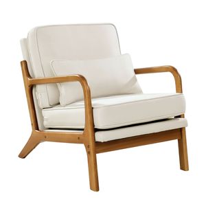Poltrona Moderna Stile Mid-Century con Struttura in Legno Massello e Gambe Antiscivolo - Sedia Decorativa Rivestita in Tessuto di Lino - Product Image 3