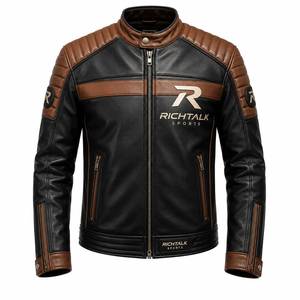 Chaqueta de Motociclista de Cuero Negra y Marrón para Hombre, Cuello Alto, Cierre de Cremallera, Estilo Motero, Diseño con Bloques de Color - Product Image 1