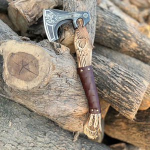 Hache viking de style nordique de qualité industrielle, tête en acier fabriquée à la main, manche en bois dur, poignée en cuir pour le camping en plein air et la chasse - Product Image 1